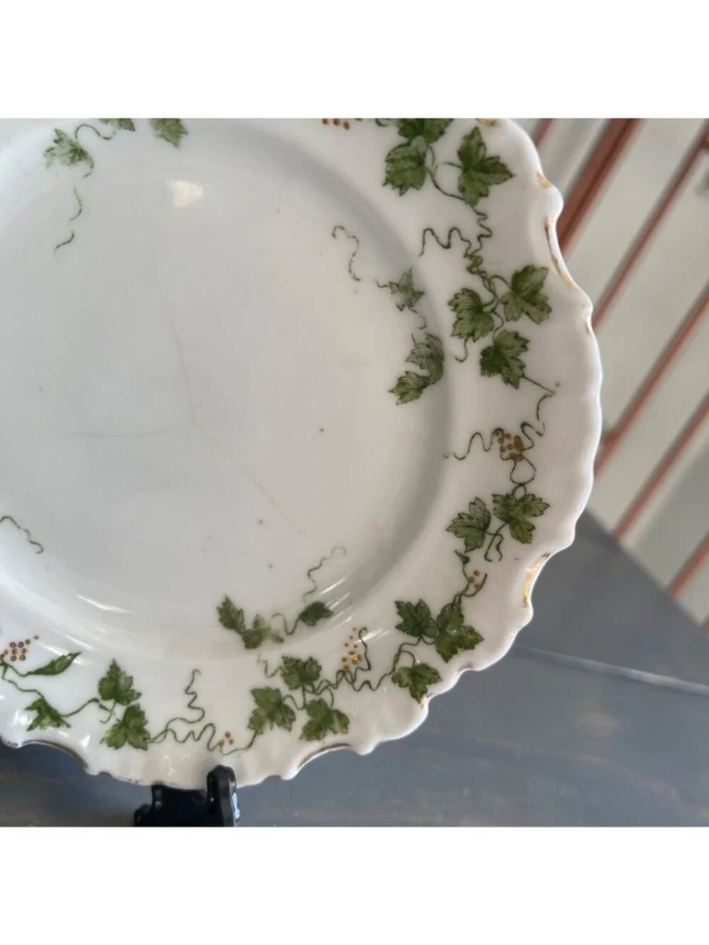 Antique Limoges Salad Dessert Plate Green Ivy Pattern Scalloped Edges